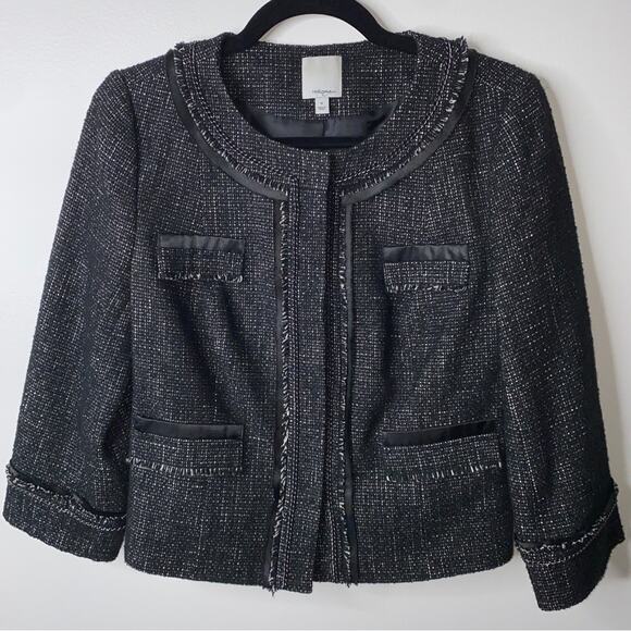 Nordstrom Halogen Black Gray Tweed Cropped Jacket with Pockets Chain Edge Medium - Picture 8 of 14